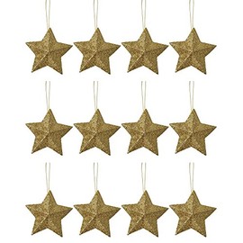 12 x Gold Glitter 3D Shaped Stars Hanging Christmas Tree Ornament Window Decoration XMAS Accessories