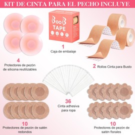 2 Rollos Cinta para Busto 5*5cm, 24 Piezas Cubre Pezone para Mujer (4 Nipple Cover de Silicona, 20 Pezoneras No Tejido), 36 Pegatinas Anti-escote Invisible, Ideal para Trajes sin Espalda y sin Tirante