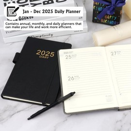 2025 Diary A5 Page a Day, 400 Pages Soft Cover Diary 2025 with Pen, A5 Week to View from Jan to Dec, Daily Planner for School Academic Diary(Black)