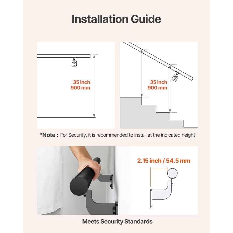 VEVOR Wall Mounted Stair Handrail, 4ft Pipe Staircase Handrail, Black