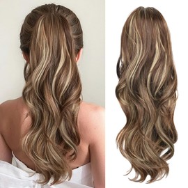 CHRSHN Ponytail Extension, Drawstring Ponytail Extension for Women 23 Inch Long Wavy Brown Pony Tails Hair Extensions Synthetic Clip in Ponytail Hairpiece for Women(Blonde & Medium Brown)