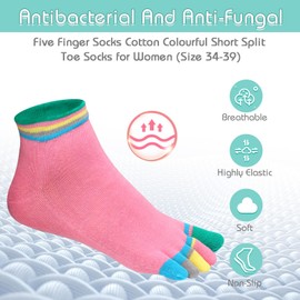 Soleeya 6 Pairs Toe Socks Women UK Size 4-6, Breathable Running Five Finger Cotton Socks Crew Sport Separator Toes for Athletic Yoga Pilates