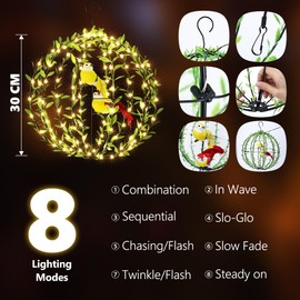 Joomer Solar Ball Lights 30cm 120LED Foldable Metal Sphere Lights with Green Leaf and Bird Solar Garden Lights Outdoor Waterproof 8 Modes Hanging Tree Globe Lights for House Party Decor(Warm White)