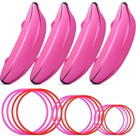 Leitee 16 Pcs Banana Ring Toss Inflatable Games Include 4 Pcs Inflatable Banana with 12 Pcs Plastic Toss Rings for Adults Bridal Shower Engagement Party Swimming Pool Decorations(Pink)