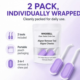 Whoobell 2-in-1 Aligner Remover Tool with Chew Pad, 2 Pack Purple Clear Aligner Removal Tool, Retainer Hook and Aligner Seater for Daily Aligner Care, Removable Chew Pad, Individually Wrapped