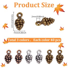 CRAFTYMELODY Pack of 120 Pine Cone Pendants in 3 Colours Small Pine Cone Pendants Natural Nuts Charms Bulk Alloy Pine Nuts Pendant Tibetan Pine Cones Dangle
