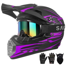 DOT Approved Ultra-Lightweight Full Face Dirt Bike Helmet - Ventilated ATV/Motorcycle Motocross Helmet with Gloves, Goggles & Face Shield (Black Purple, Medium)