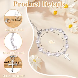 Vexilon White Pearl Bracelet with Cross Charm, Adjustable Cross Communion Bracelet, Baptism Gifts for Girls, First Communion Gifts