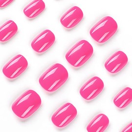 24 Pcs Press on Nails Short, Glossy Glue on Nails Full Cover Rose Pink Fake Nails Cute Round Extra Short Press on Nails Pure Color Acrylic Nails for Women Girls Manicure Art Decorations
