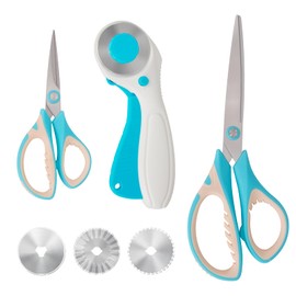 MANUFORE Dressmaking Scissors Rotary Cutter Set with Multi-Purpose Fabric Scissors Soft Handles 26 cm + 14 cm and 45 mm Rotary Cutter with Three Replacement Round Blades for Fabric, Paper, Leather