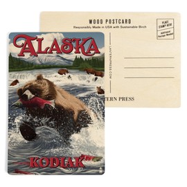 Kodiak, Alaska, Grizzly Bear Fishing, Illustration (4x6 Birch Wood Postcards, 2-Pack Stationary, Rustic Home Wall Decor)