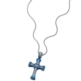 COOLSTEELANDBEYOND Mens Women Large Steel Blue Cross Pendant Necklace with Cubic Zirconia and 30 inches Wheat Chain