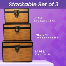 Blue Orchards Pixel Treasure Chest Paperboard Boxes (Set of 3), Decoration for Video Gamers, Birthday Parties, Mining Fun, Storage or Display