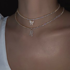 Sideways Initial K Necklace 18K Gold Plated Rhinestone Tennis Chain Letters Pendant Necklace Script Name Monogram Necklaces for Women