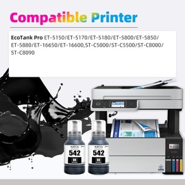 EXCERCUS 542 Ink Refill Bottle for Epson T542 Pigment Ink Compatible with ET-5150 ET-5170 ET-5180 ET-5800 ET-5850 ET-5880 ET-16650 ET-16600 ST-C5000 ST-C5500 ST-C8000 ST-C8090 (2 Black, 127ml)
