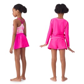 Saint Eve Kids Girls 3 Piece Swimsuit Set, One Piece Bathing Suit, Long Sleeve UPF 50 Rash Guard and Shorts, Hot Pink Hibiscus, Large (10/12)