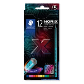 STAEDTLER Norix 186 Colouring Pencils and 181 Pencil Set, Made from Upcycled Wood, Unique Shape, 12 Colouring Pencils in Assorted Colours, 2 HB Pencils, Eraser and Single Sharpener Box, Green