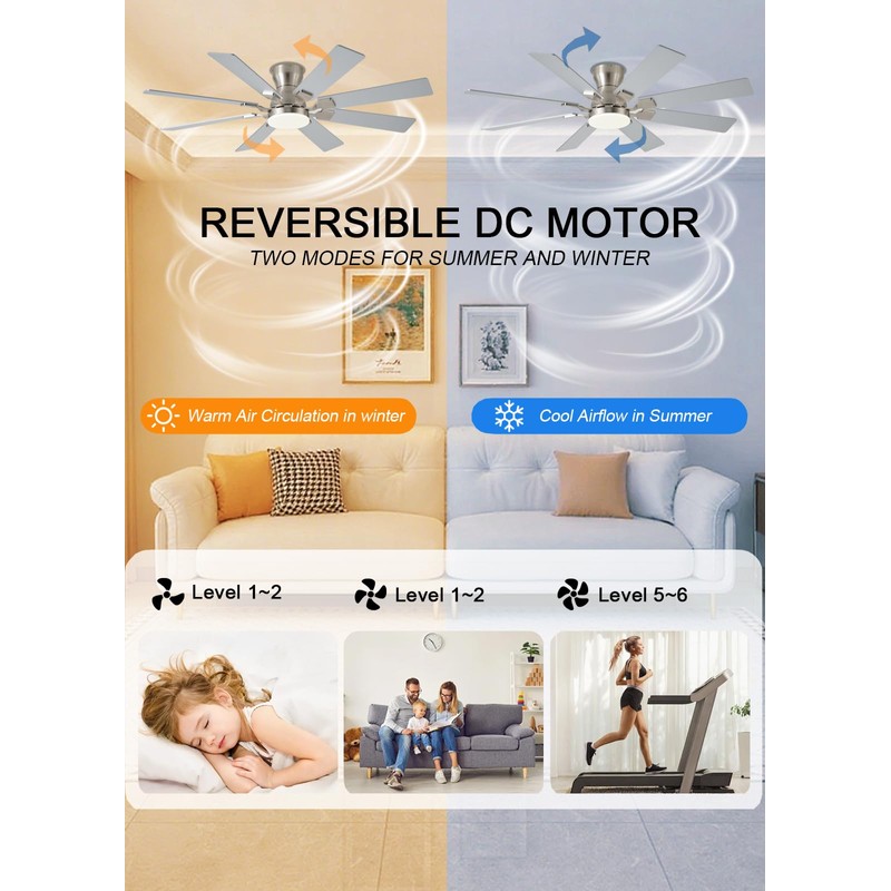 JSAITEE 52 inch Ceiling Fan with Light, 6 Speeds Reversible