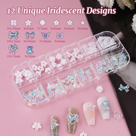 Aphlos Nail Art Charms Set Resin Ornaments Pearls Rhinestones Steel Beads Glow Decorations for DIY Nail Designs, Mixed Shapes Butterflies Hearts Stars Bows, Beginner-Friendly 3D Nails Art Gem Kit