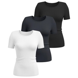 Ficerd 3 Pack Women's Ribbed T-Shirts, Cotton Short Sleeve Basic Tees Crew Neck Fitted Tops Summer Casual Shirts 2025 Trendy(Black, White, Dark Gray,Small)