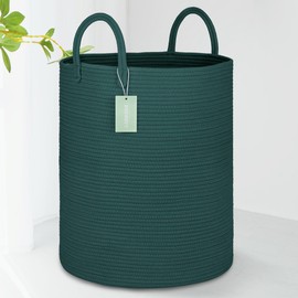 BOSROTY Large Laundry Hamper Basket for Girls Boys Kids 65L, Tall Nursery Hamper with Handles, Woven Blanket Basket for Storage Toys Clothes Towels, 16”x 20”, Dark Green