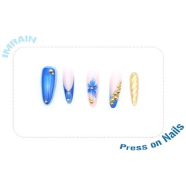 IMRAIN Blue Flower Press on Nails Long Stiletto Fake Nails French Tips with 3D Floral & Golden Charms Design Artificial Stick on Nails Full Cover Glossy Glue on False Nails for Women 24Pcs