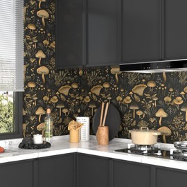 Fvlow Boho Wallpaper Mushroom Peel and Stick Gold Floral Contact Paper 17.4" x 118" Vinyl Self Adhesive Vintage Mushrooms Wall Mural Black Golden Wall Paper for Modern Room Countertop Drawer Decor