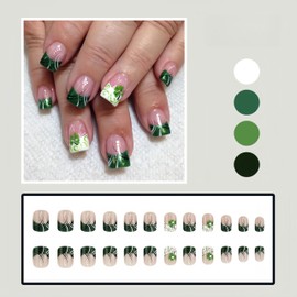 24Pcs St Patrick Press on Nails Short Square Fake Nails Green Shamrock Glitter Powder French False Nails with Rhinestones Lucky Clover Design Full Cover Glossy Glue on Acrylic Nails for Women 24PCS