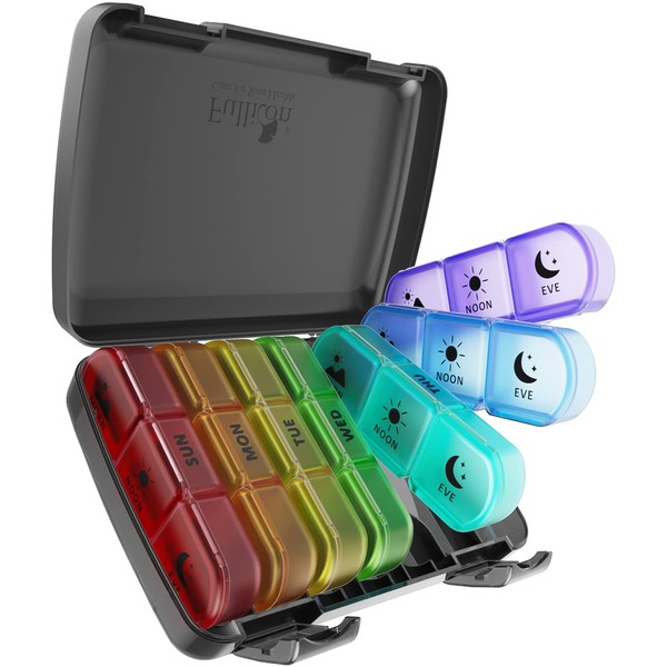Fullicon Travel Pill Organiser 7 day 3 times, Weekly Pill Box Organiser with Large Compartment, Daily Medicine Storage Box for Medication, Vitamin, Supplement and Fish Oil Supplements (Rainbow)
