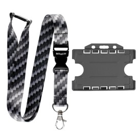 Rolseley Lanyard Neck Strap Carbon Fiber Pattern with Metal Clip, Plastic Safety Breakaway + Grey Double-Sided Card Holder