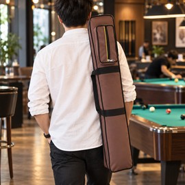 3x4 Soft Pool Cue Case for 1/2 Snooker Cues, Oxford Cloth Billiard Stick Bag with Accessory Pocket and Carry Handle, Brown
