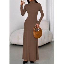 BTFBM Womens Dresses Fall 2025 Long Sleeve Turtle Neck Trendy Long Tight Knit Maxi Dress Wedding Guest Party Casual(Brown, XX-Large)