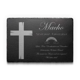 Premium grave plate for dogs and cats made of slate with engraving / photo, memorial plaque dog with pictures beautiful motifs and filled cross, ideal as a gravestone for an urn grave of animals, 30 x