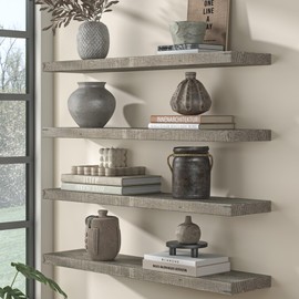 Fun Memories Floating Shelves for Wall Decor, 40"x8" Rustic Reclaimed Wood Shelves, Heavy-Duty Wall Mounted Shelves with Invisible Brackets, Set of 2for Living Room, Bedroom, Kitchen, Grey Finish