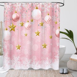 Lofaris - Cortina de ducha de Navidad rosa – 72 x 72 pulgadas, diseño del país de las maravillas de invierno con copos de nieve, bolas de Navidad y estrellas, decoración de baño festiva de tela