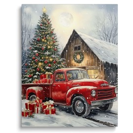 Christmas Vintage Red Truck Canvas Wall Art Decor, Holiday Decor with Christmas Tree and Presents, Festive Winter Canvas Print for Office or Hoom, USA-Made Christmas Decorations 24X30 inch