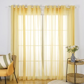 SIMPVALE Curtain Curtains with Eyelets, Polyester Voile Tab-Top Curtain Transparent for Living Room, Balcony, Bedroom, Kitchen, Width 140 cm, Height 225 cm, Yellow Curtain Set of 2