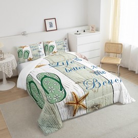 Homewish Teens Flip-Flops Comforter Set Queen Size,Green White Wooden Bedding Set for Kids Boys Girls Bedroom Decoration,Rustic Wooden Bed Duvet Insert,Summer Theme Comforter with 2 Pillowcases