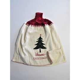 Season's Greeting Christmas Tree Kitchen Towel - Double Thickness Best Quality Hanging Towel with Dark Red Crochet Top