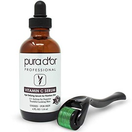 PURA D'OR Suero de vitamina C (4 oz) y rodillo Derma de 0,25 mm Microdermoabrasión Kit cosmético completo para el cuidado de la piel - 540 microagujas