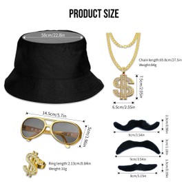 Hip Hop Costume Accessories Set, Black Bucket Hat Gold Sunglasses Dollar Sign Necklace and Ring Fake Moustaches, 5 Pieces