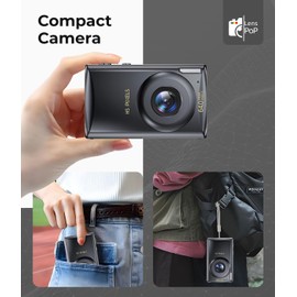 Lenspop 64 MP Digital Compact Camera with Flash, Digital Camera 8MP Sensor with Auto Focus Lens, Fixed - F/3.2 f=7.36mm, 18X Digital Zoom MP3 player 64MP Compact Digital Camera, 128 GB Memory Card