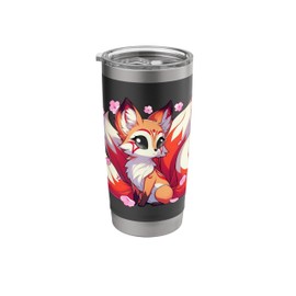 Japanese Kawaii Kitsune Nine Tail Fox Cherry Blossom Flowers Stainless Steel Insulated Tumbler