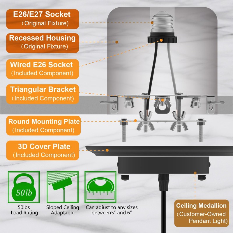 YIIZON 2-Pack Recessed Light to Pendant Converter Kit, Adjustable for