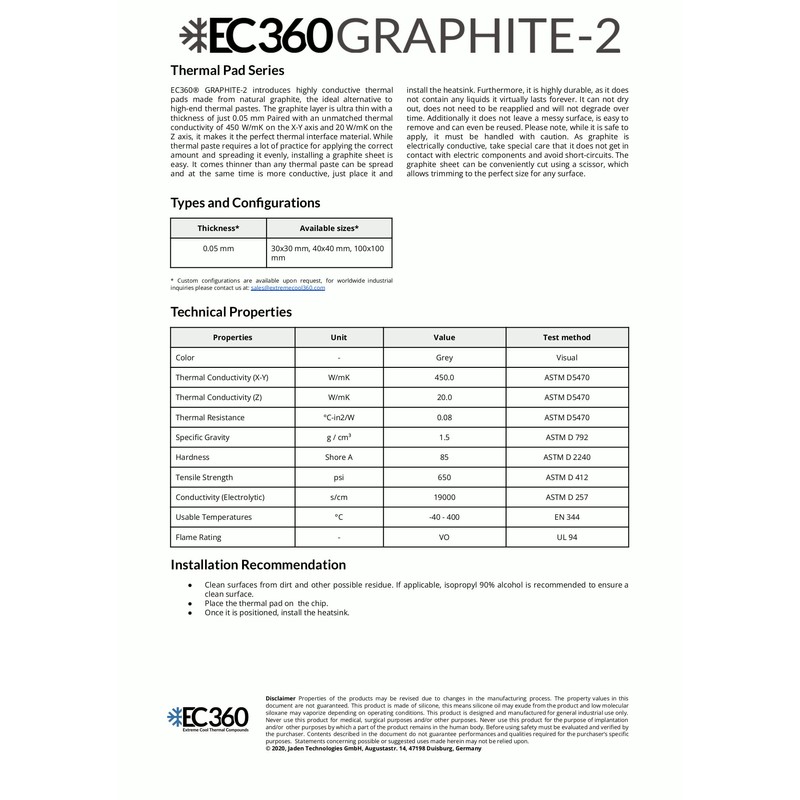 EC360® Graphite-2 20W/mK Thermal Pad (30 x 30 x 0.05