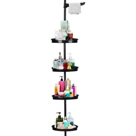 DYTesa Corner Shower Caddy Tension Pole, Rust-Proof Bathroom Storage Organizer with 4-Tier Adjustable Shelves, Fits 101.6''-122'', Black