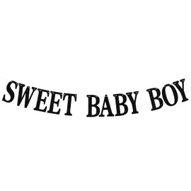 Sweet Baby Boy Banner, Pre-strung Baby Shower/Gender Reveal Decorations, Welcome Baby/It’s A Boy Bunting Sign, Sweet Welcome Baby Boy Baby Shower Party Decoration Supplies, Black Glitter