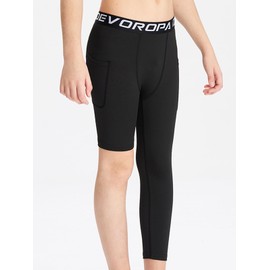 DEVOROPA Youth Boys 2-Pack One Leg Compression Pants for Basketball 3/4 Leggings Sports Tights Athletic Soccer Baselayer Pockets Left Long Black/White M