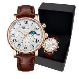 Men's Luxury Chronograph Watch | Rose Gold 42mm | Brown Leather Strap | Moonphase Indicator | Multi-Dial Precision Timekeeping | Roman Numeral Dial | Gift Box Included | Professional Dress Watch