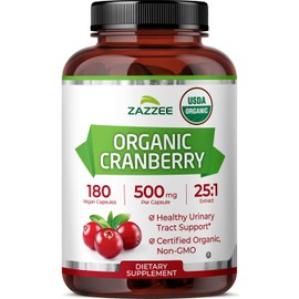 Zazzee USDA Organic Cranberry 25:1 Extract, 500 mg per Capsule, 180 Vegan Capsules, 6 Month Supply, Certified Kosher, Vaccinium Macrocarpon, Urinary Tract & Bladder Support, Non-GMO, Made in the USA